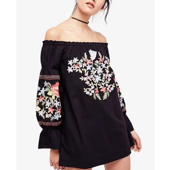 NWOT Free People Black Fleur Du Jour Embroidered Off Shoulder Mini Dress, XS - Picture 1 of 11